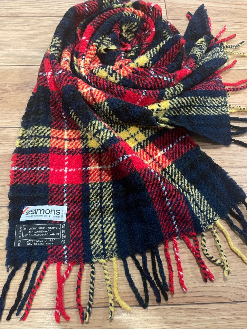 Simons wool blend warm Plaid Fringe Scarf made in France 🇫🇷